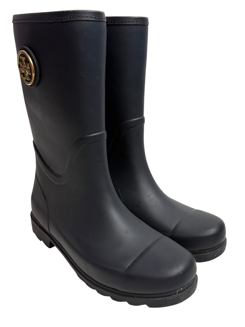 Tory Burch Navy Mid-Calf Rain Boots with Gold Logo